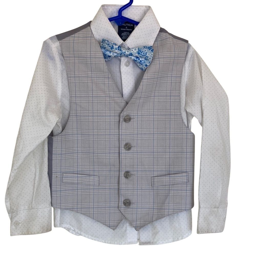 Nautica Shirt Vest Bow Tie Combo Boys Size 5 Grey Blue White - Picture 1 of 9